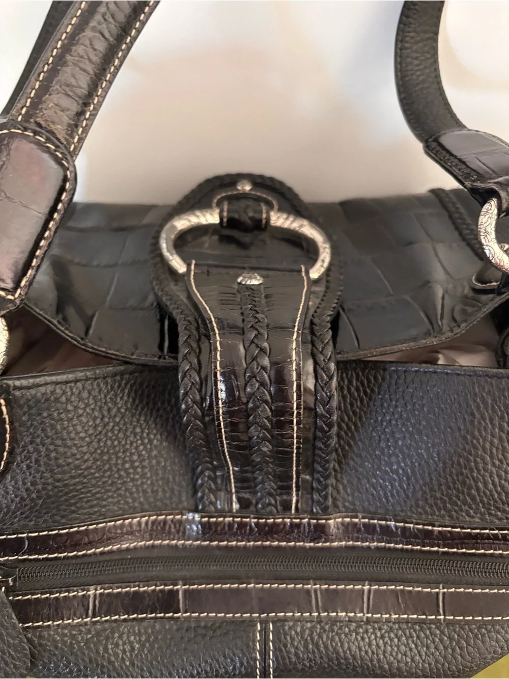Brighton Black Croc-Accent Shoulder Bag with Silver Buckle